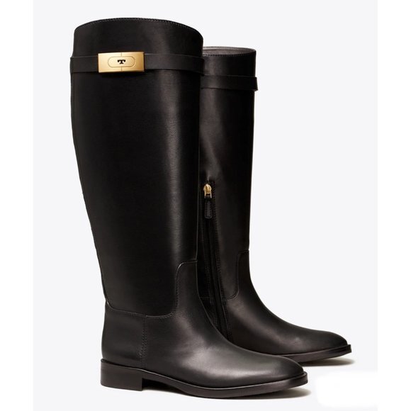 NWOB TORY BURCH T-HARDWARE black leather RIDING BOOTS size 7.5 - Picture 1 of 11